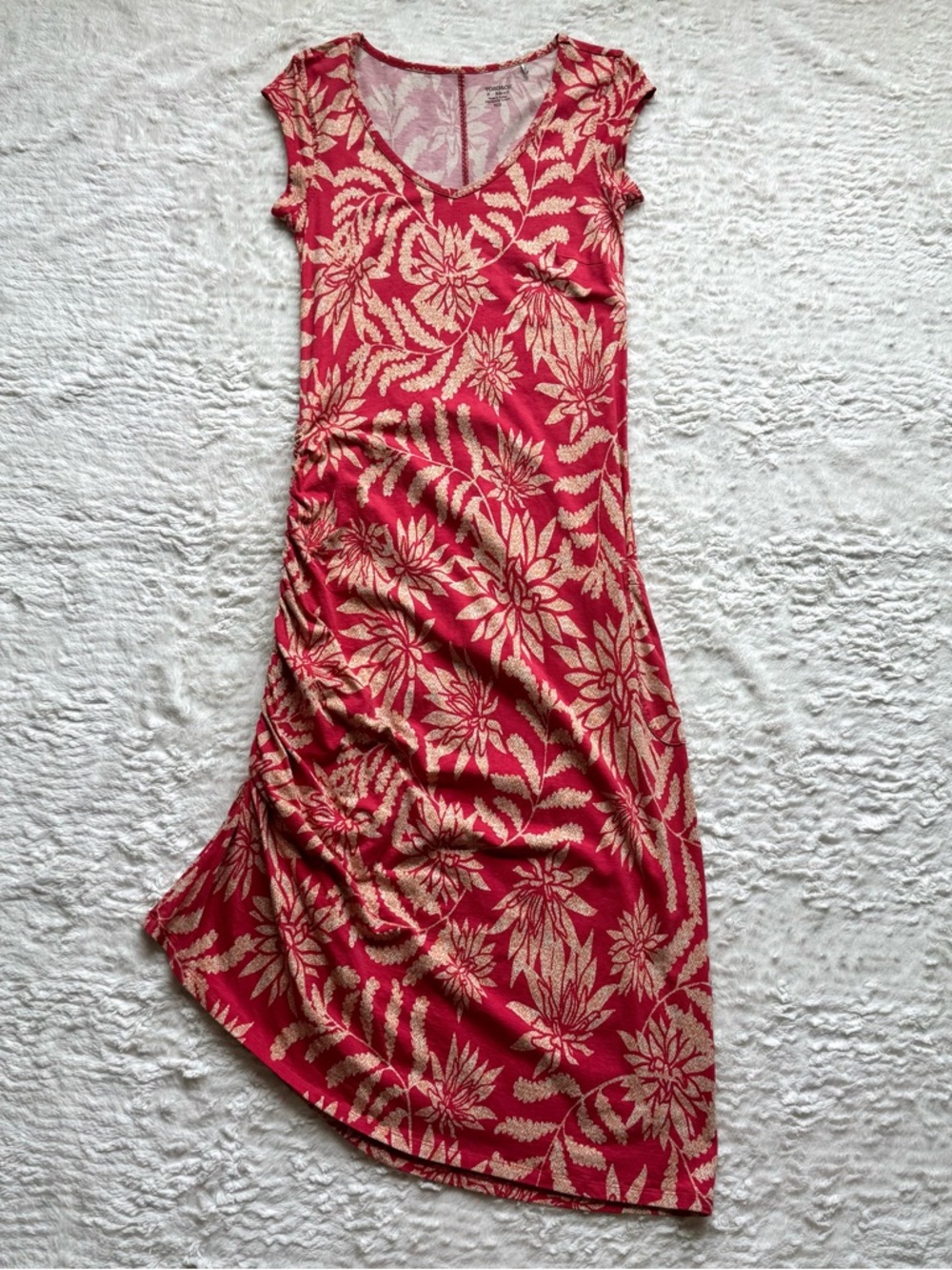 Toad & Co Muse Dress XS Organic Cotton Modal Red Floral Midi Cinched Side Beach